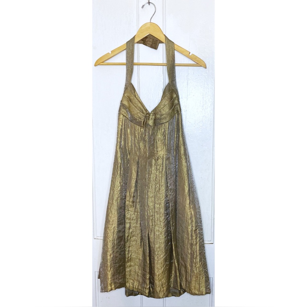 VINTAGE : London Times : size : 10 : metallic gold formal pleated halter dress
